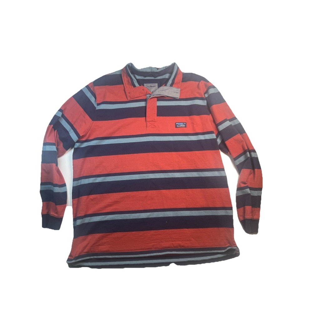 LL Bean Rugby Shirt Mens XL Striped Long Sleeve Polo Cotton Classic Maroon Navy